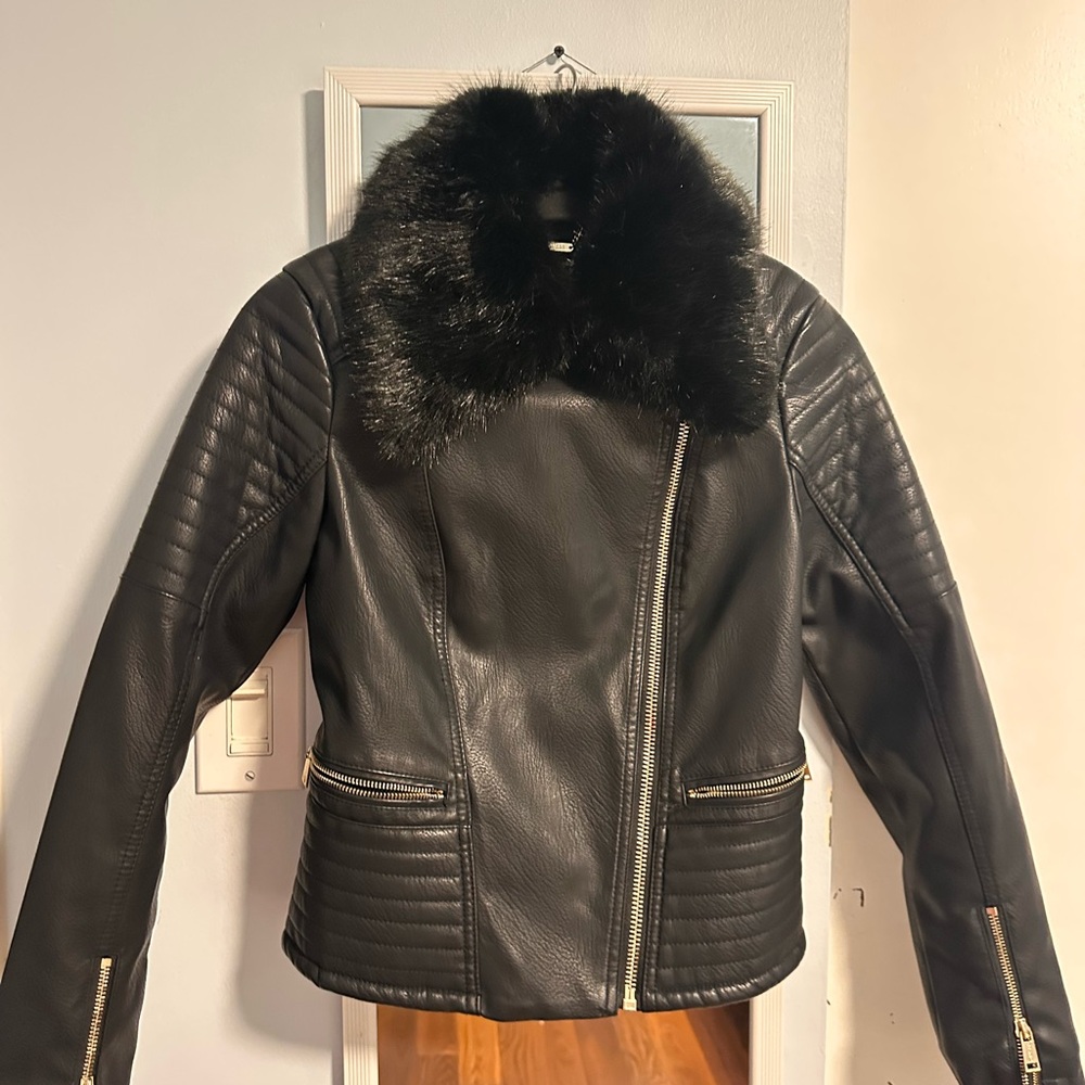 Guess Black Leather Jacket with Faux Fur Collar